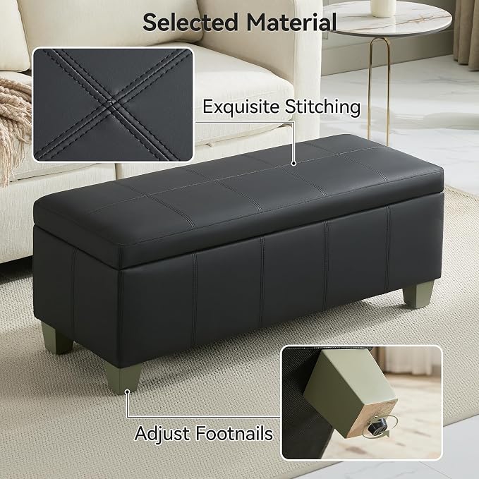 41" Faux Leather Storage Ottoman, Stitch Tufted Rectangle Upholstered End of - Image 4