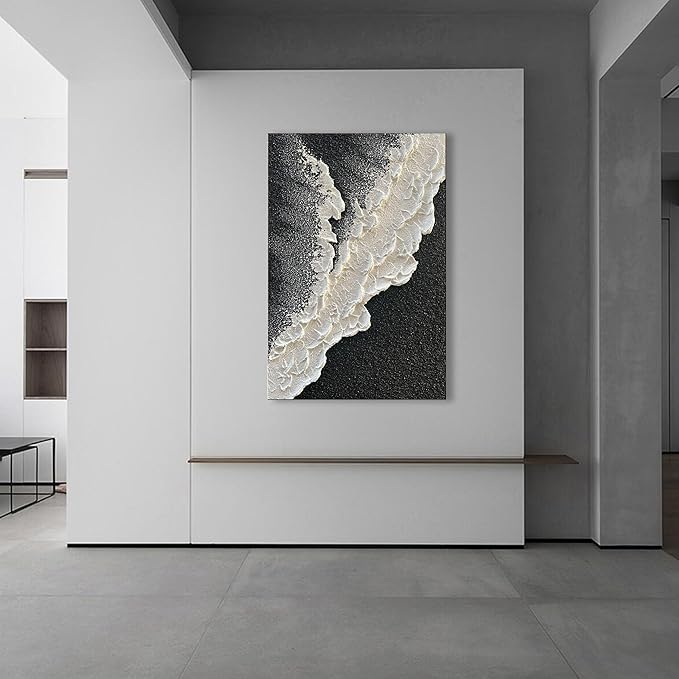 NANKAI Handcrafted Thick Texture Black and White Abstract Canvas Art Ocean Wave - Image 4