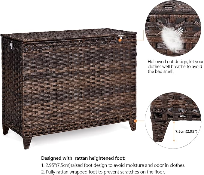 Laundry Hamper with 4 Removable Liner Bags; 176L Handwoven Rattan Laundry - Image 5