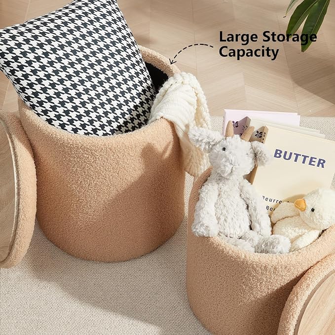 Boucle Round Ottoman with Storage Set of 2, Small Foot Stool Ottoman - Image 4