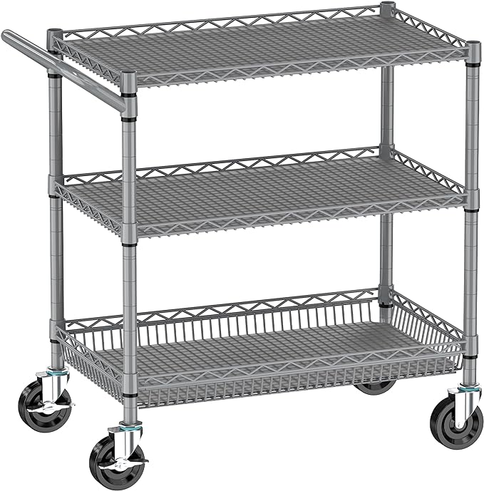 Metal Heavy Duty Carts with Wheels 1050lbs, 3 Tier Rolling Utility Cart with by Alexayhome