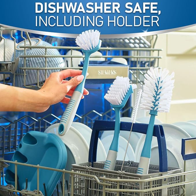 Dish Brush Set of 5 with Convenient Holder, Bottle Water Brush, Dish Scrub Brush - Image 7