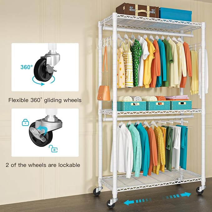 FUTASSI P1 Heavy Duty Garment Rack, 3 Tiers Adjustable Rolling Metal Closet - Image 5