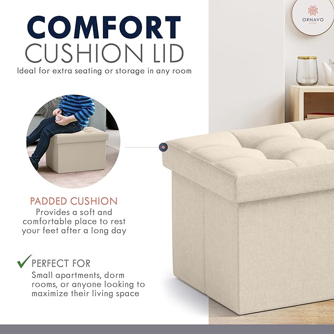 Ornavo Home Small Storage Ottoman, Foldable Collapsible Rectangle Linen Ottoman - Image 6