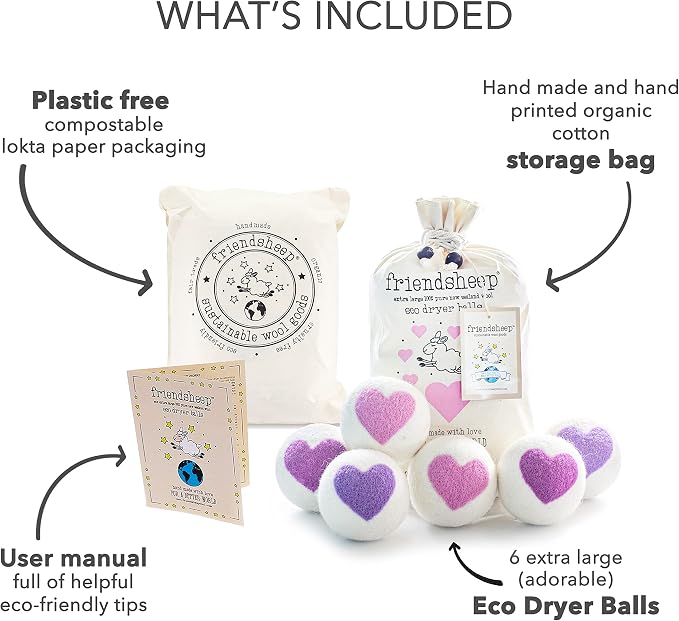 Friendsheep Organic Wool Dryer Balls Pink Purple Hearts 6 Pack XL Premium - Image 4