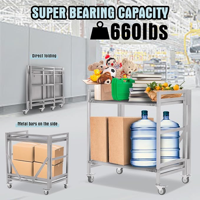 2 Shelf Rolling Cart with Wheels, 660lbs Capacity Collapsible Steel Rolling - Image 2