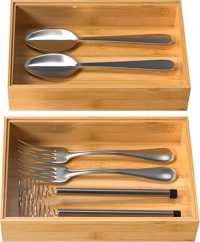 Silverware Tray for Drawer, Stackable Kitchen Bamboo Drawer Organizer 9" x 6" x - Image 7