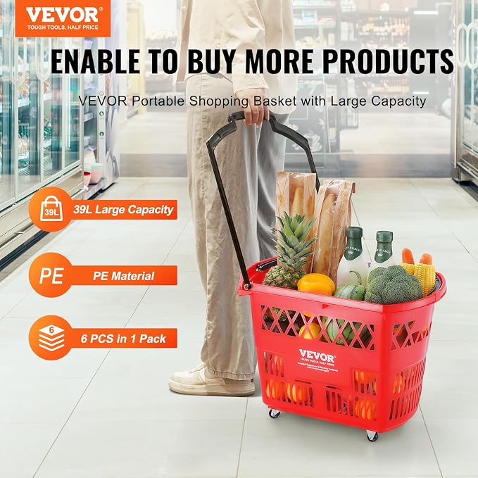 VEVOR Shopping Carts with Handles, 39L Plastic Rolling Shopping Basket with - Image 3