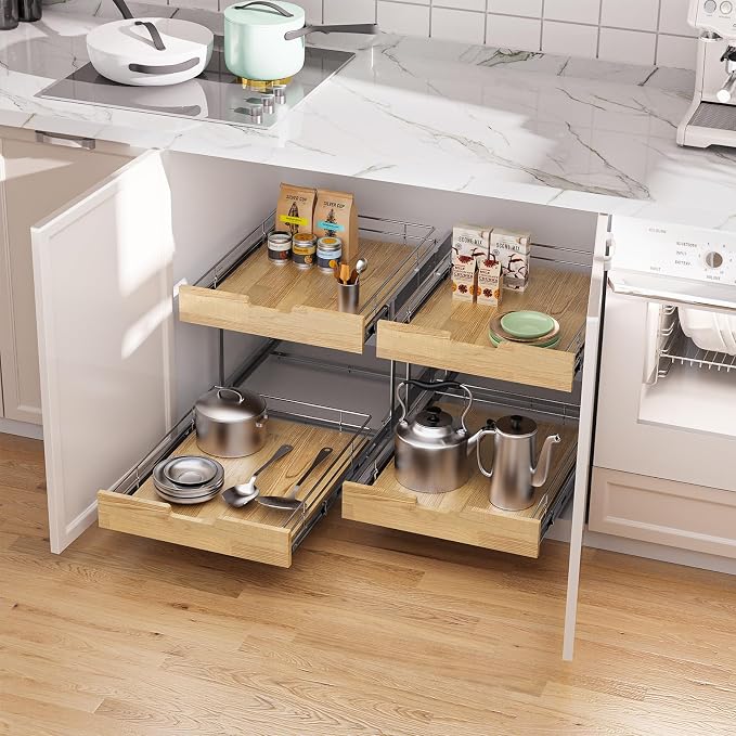 Pull Out Cabinet Organizer, Heavy-Duty Slide Out Shelf, Wood and Wire Basket - Image 6
