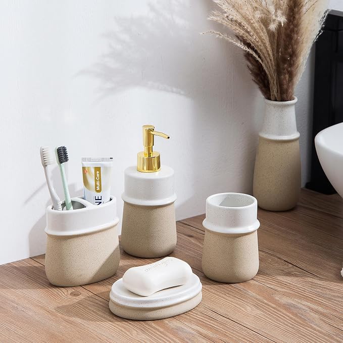 Beige Ceramic Soap Dispenser for Kitchen, Refillable Hand Dispenser - Image 4
