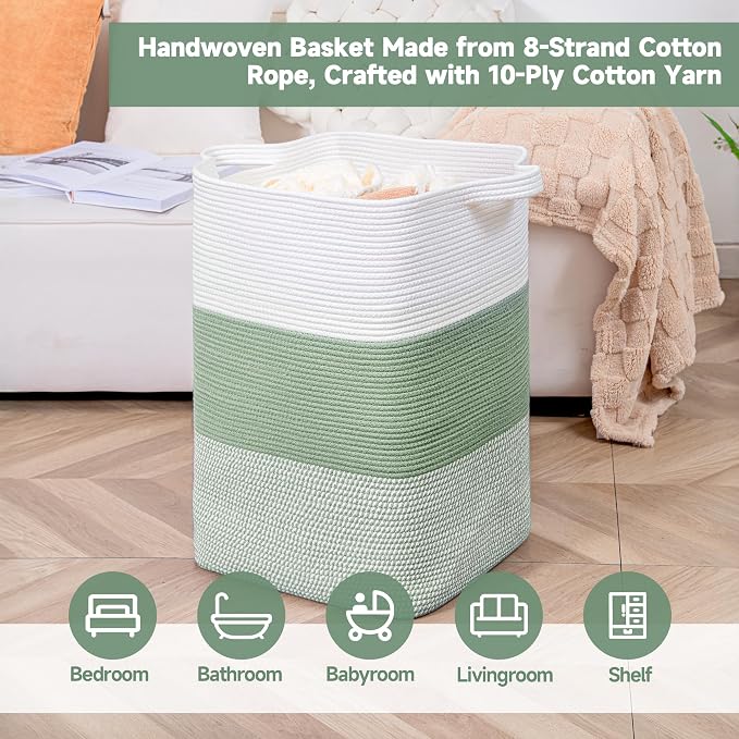 CLHMILY&Z 75L Laundry Basket Rectangular Green Rope - Image 3