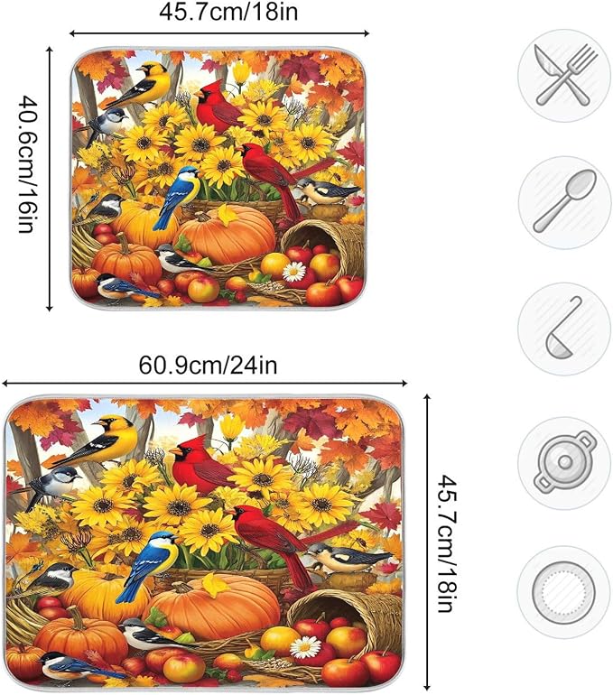 Fall Birds Dish Drying Mat for Kitchen Countertop 16x18 Autumn Pumpkin - Image 3