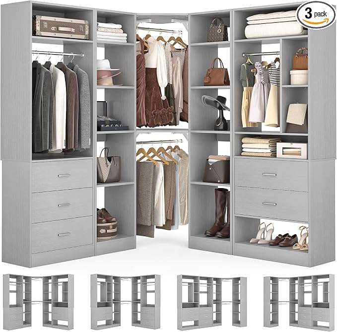 Corner Closet System with 5 Drawers, Closet Organizer System with 15+Shelvess & by Besiost