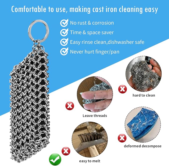 Herda Chain Mail Cast Iron Cleaner Scrubber, 316 Chainmail Pan Scrubber Metal - Image 6