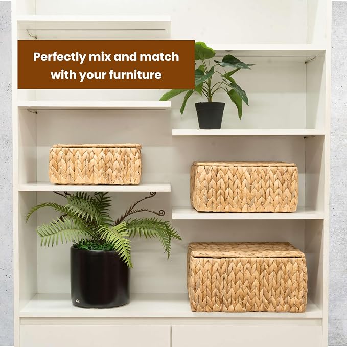 Wicker Storage Baskets with Lid, Set 3 Basket With Lid Decorative Storage - Image 4
