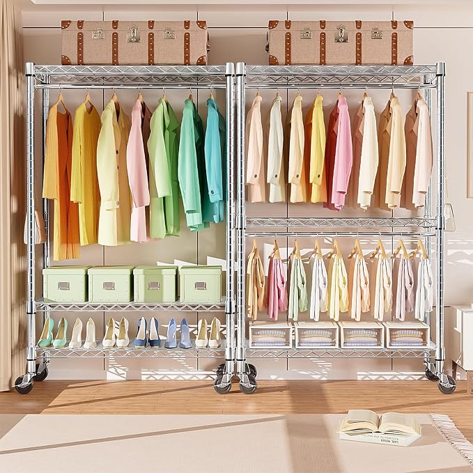 Heavy Duty Rolling Garment Rack 3 Tiers Adjustable Wire Shelving Clothes Rack - Image 6