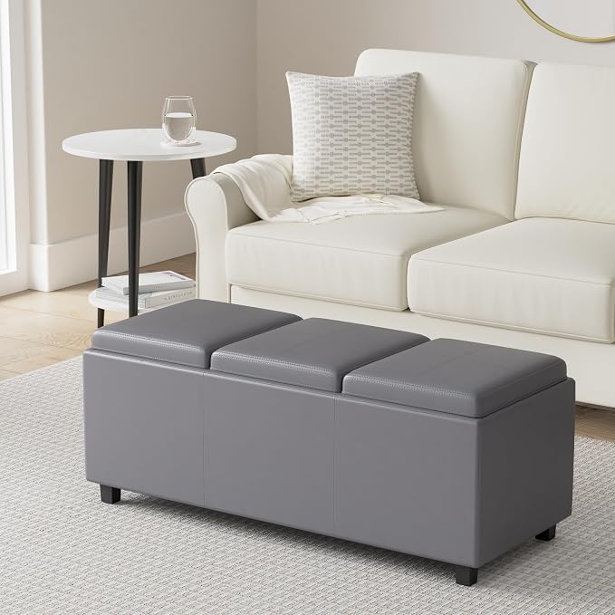 SIMPLIHOME Avalon 42 inch Wide Contemporary Rectangle Storage Ottoman in Stone - Image 2
