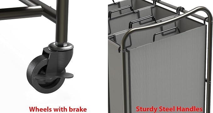 Simple Houseware Heavy Duty 3-Bag Laundry Sorter Rolling Cart, Dark Grey – - Image 5
