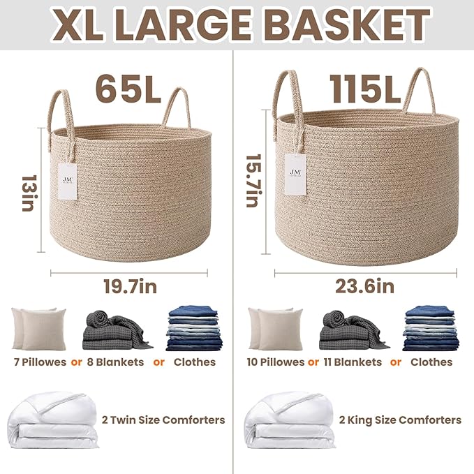 Woven Blanket Basket, 65L Large Rope Storage Bin - Image 2
