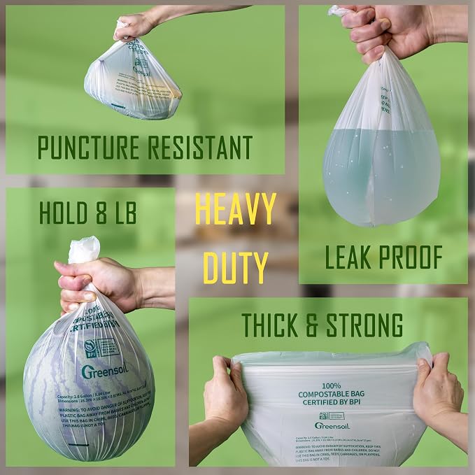 Greensoil 100% Compostable Waste Bags 2.6 Gallon, Extra Thick Kitchen Small - Image 5