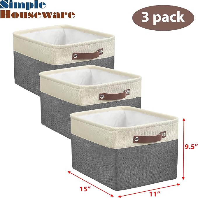 SIMPLE HOUSEWARE Large Fabric Storage Bin, 3 Pack, Dark Gray - Image 3