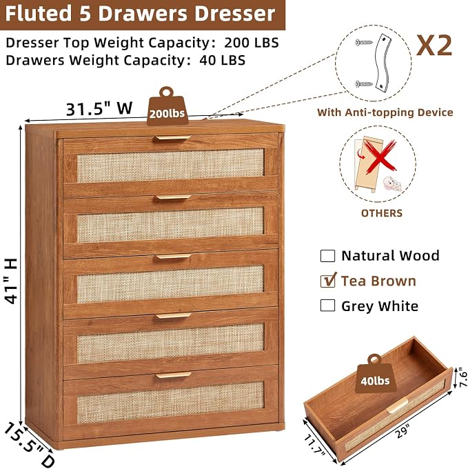LEYAOYAO Dresser for Bedroom, Modern 5 Drawers Boho Rattan Dressers - Image 3