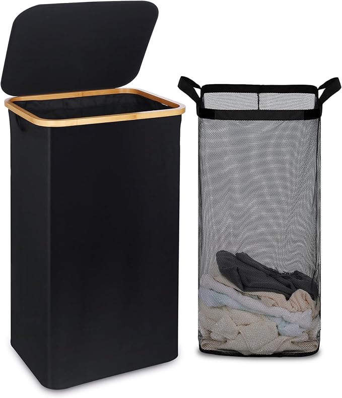 100L Laundry Basket with Lid and Net Bag, Tall Laundry Hamper with Bamboo by Unknown