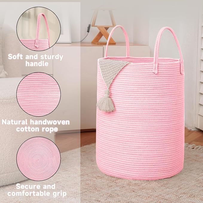 Large Woven Laundry Basket Hamper, 60L Cotton Rope Storage Bin - Image 6