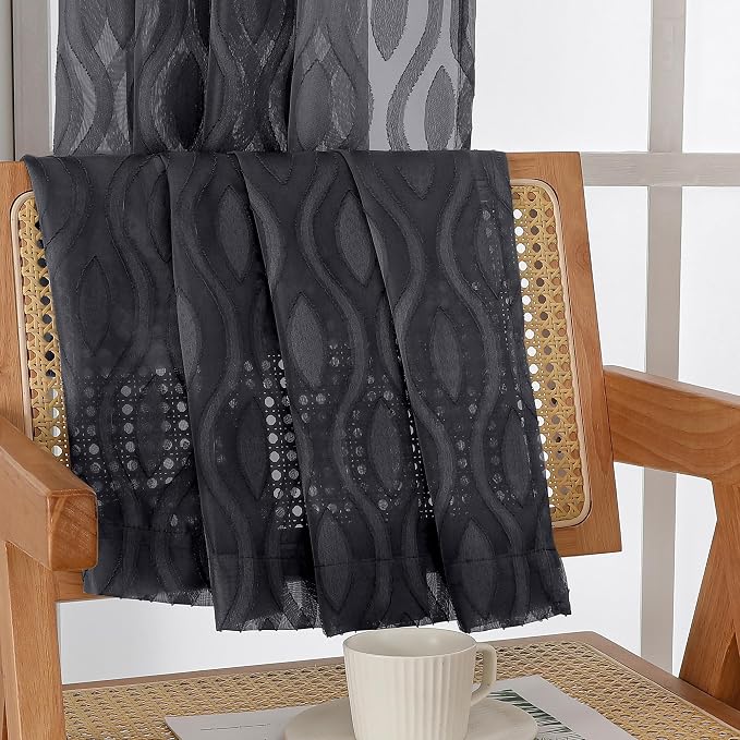 Aiyufeng Black Kitchen Curtains 14 Inch Length, Clip Jacquard Chic Wavy Line - Image 7