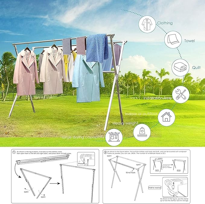 Clothes Drying Rack Folding Indoor Outdoor, Foldable Portable Laundry Drying - Image 5