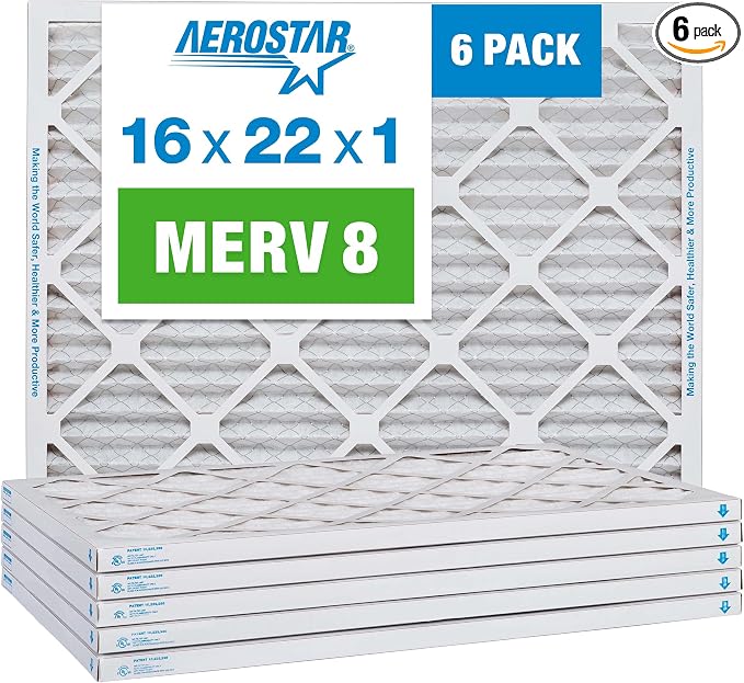 Aerostar 16x22x1 MERV 8 Pleated Air Filter, AC Furnace Air Filter, 6 Pack by AirFiltersDelivered