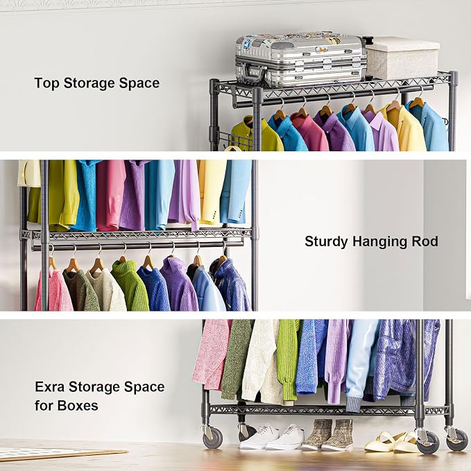 Heavy Duty Rolling Garment Rack 3 Tiers Adjustable Wire Shelving Clothes Rack - Image 4