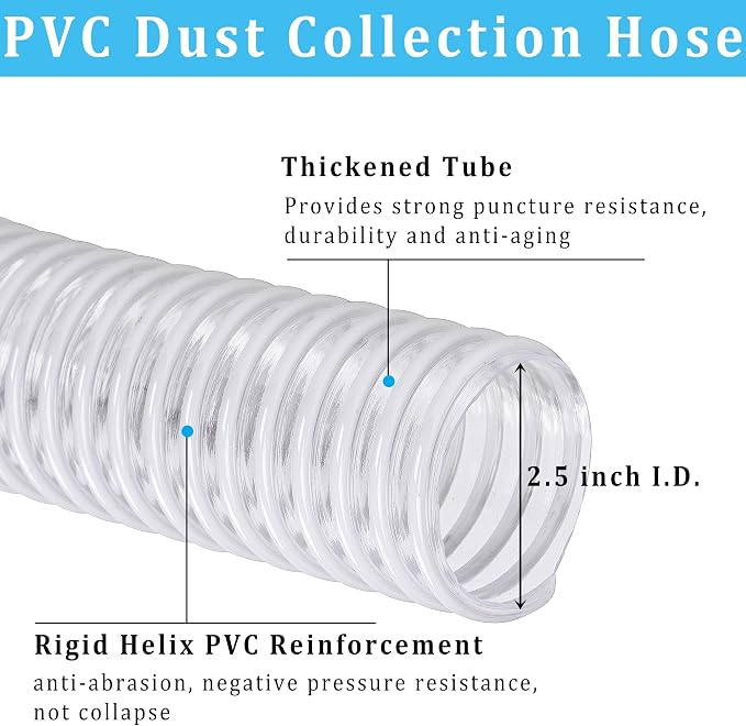Dust Collection Hose 2-1/2 in × 5 ft Heavy Duty Clear Flexible PVC Reinforced - Image 2