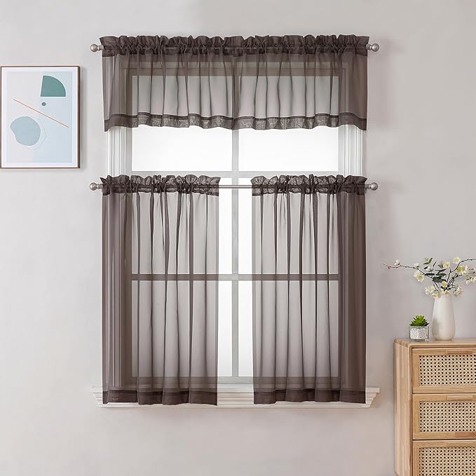 Chyhomenyc Sheer Chocolate Brown Tier Curtains 24 Inch Length, Small Window - Image 2