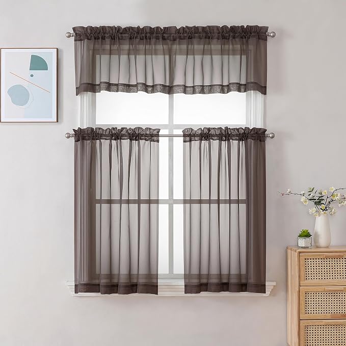 Chyhomenyc Sheer Valances for Windows 2 Pieces, 42Wx14L Inches Brown Small - Image 2