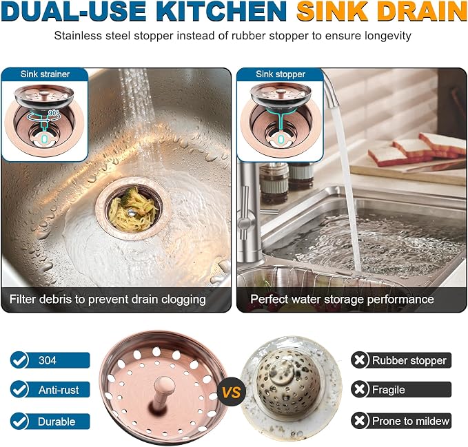 BOTEMY Stainless Steel Copper Sink Drain Strainer Kit 3-1/2 inch Kitchen Drain - Image 4