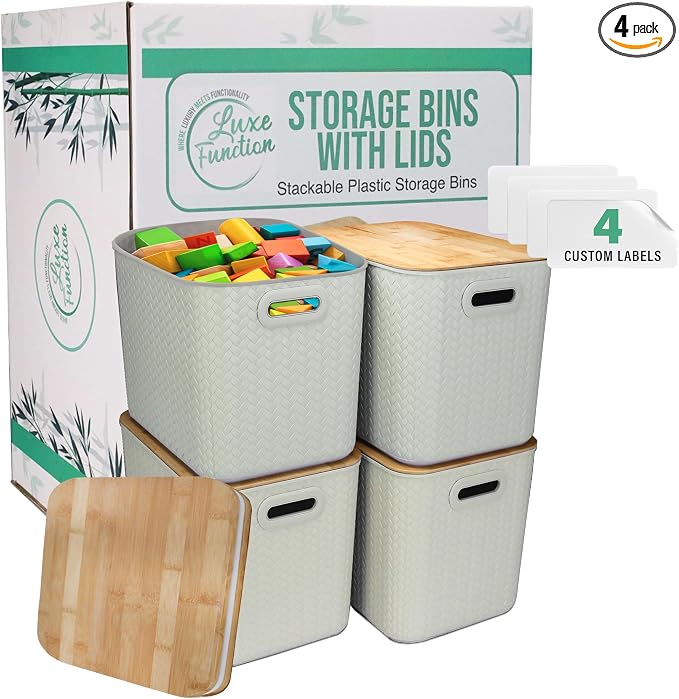 Storage Bins with Bamboo Lid – Stackable, and Home – Elegant Wicker-Style by Unknown
