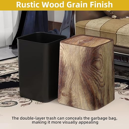 Wood Grain Plastic Trash Can Swing Top Lid, 4Gal/15L Farmhouse Wastebasket Bin - Image 4