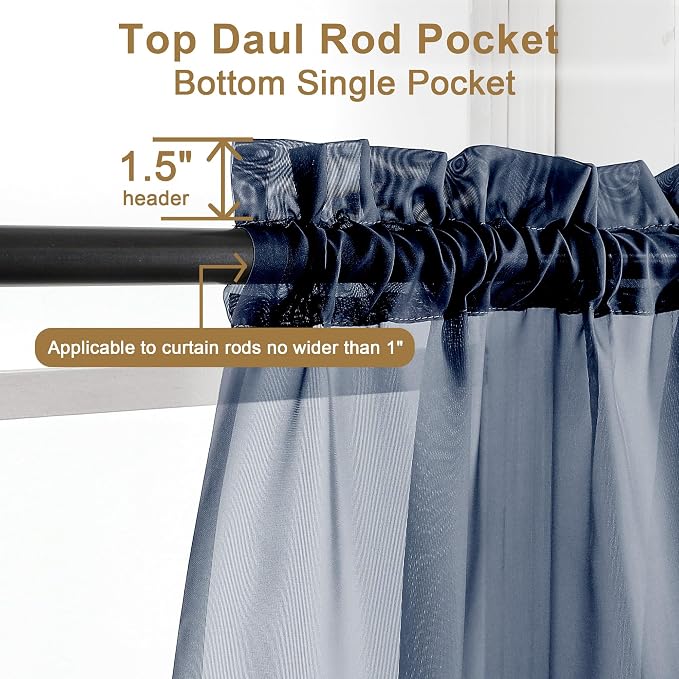 Chyhomenyc Navy Blue Sheer Curtains 30 inch Length 2 Panels, Light Filtering - Image 3