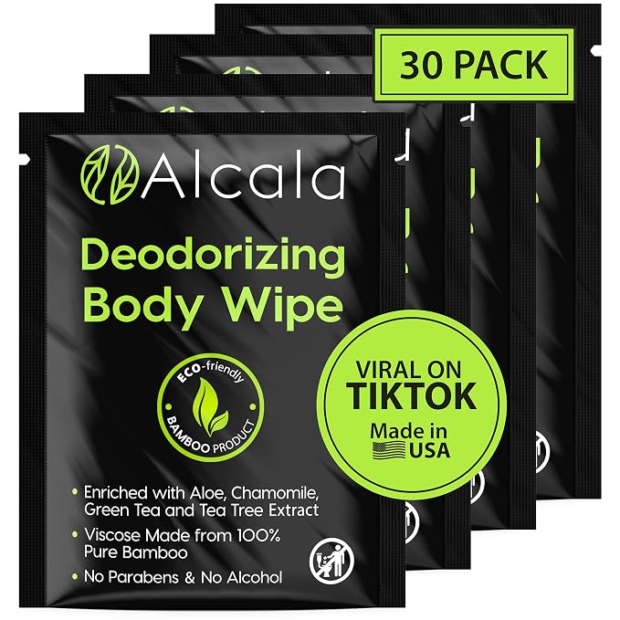 Alcala Deodorizing Body Wipes Individual Shower Wipes 100% Pure Biodegradable by Alcala