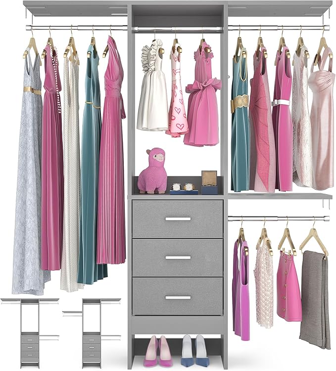 4FT Small Closet System with 3 Fabric Drawers, Flexible Built-In Clothes by Besiost