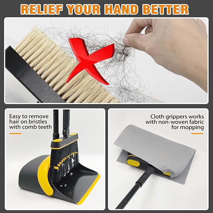JEHONN Broom and Dust Pan, 54.3 inches Long Handle Swivel Brush, Upright - Image 5