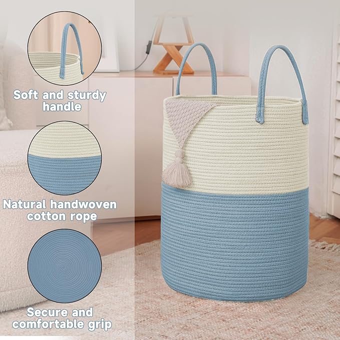 Large Woven Laundry Basket Hamper, 60L Cotton Rope Storage Bin - Image 6