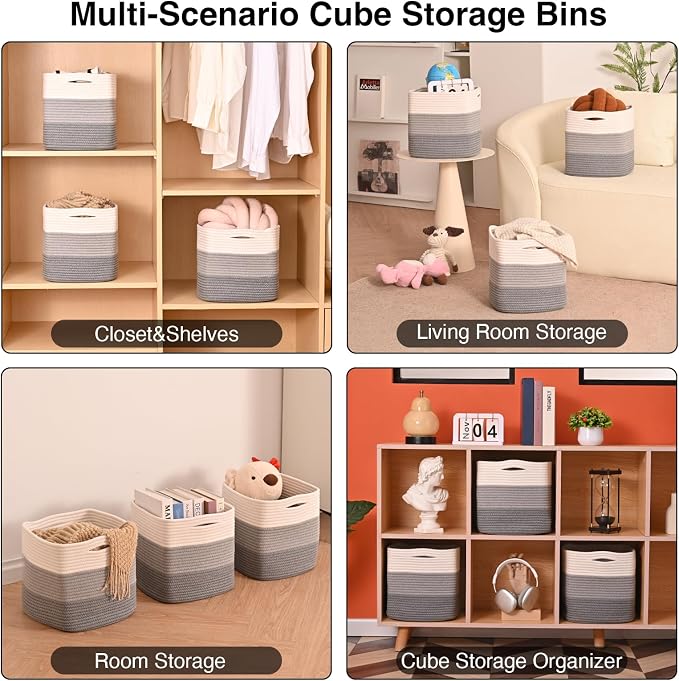 11 Inch Cube Storage Bins, Storage Cube Organizer Bins, Woven Cotton Rope Basket - Image 4