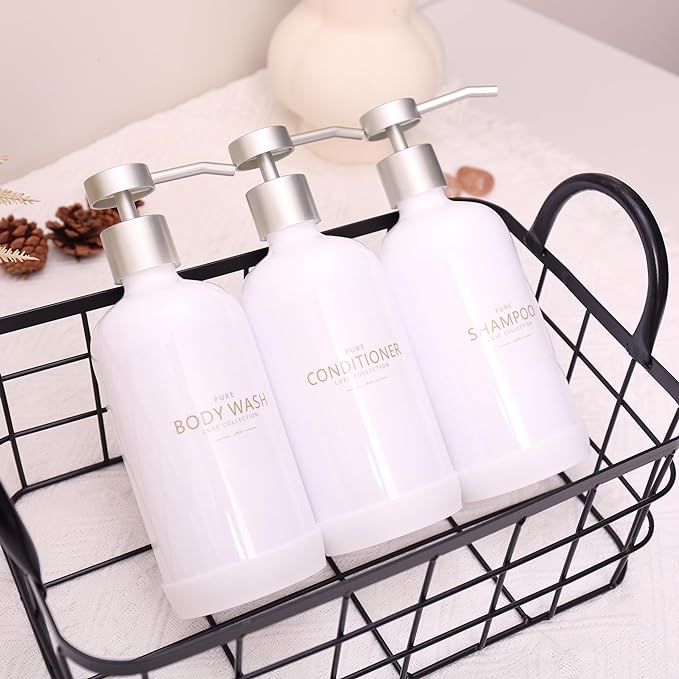 Shampoo and Conditioner Dispenser Set of 3, Refillable 21oz Shampoo Bottles - Image 4