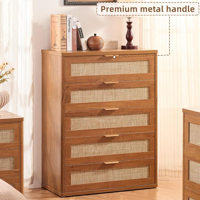 LEYAOYAO Rattan Dresser for Bedroom Set 2, Modern 5 Drawers Boho Dressers - Image 7