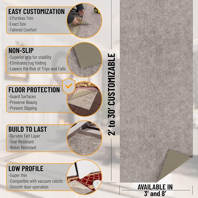 Ottomanson 8' x 10' Non-Slip Rug Pad Gripper 1/4 Inch Thick Dual Surface Felt + - Image 2