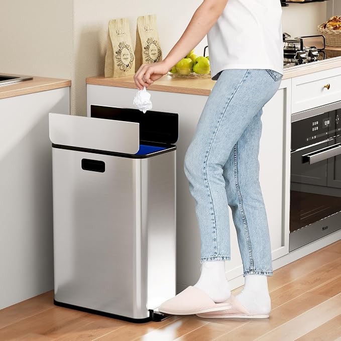 2 x 7.4 Gal Slim Trash Can, Stainless Steel Dual Compartment Step-On Recycling - Image 7
