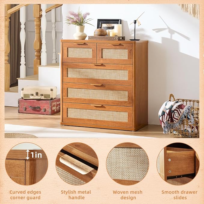 LEYAOYAO Rattan Dresser for Bedroom, 33.5" Tall Chest of Drawers, Modern 5 - Image 7