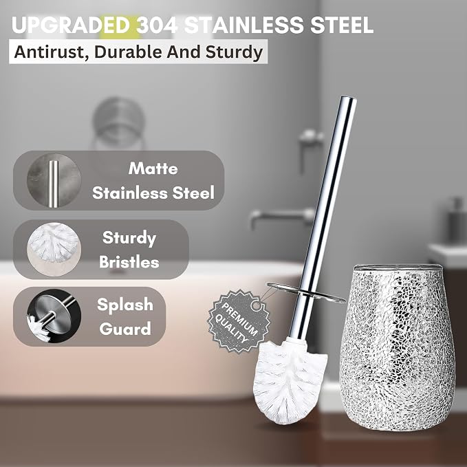Escenzy Modern Toilet Brush and Holder Set Mosaic Glass | Non-Rustic Stainless - Image 4